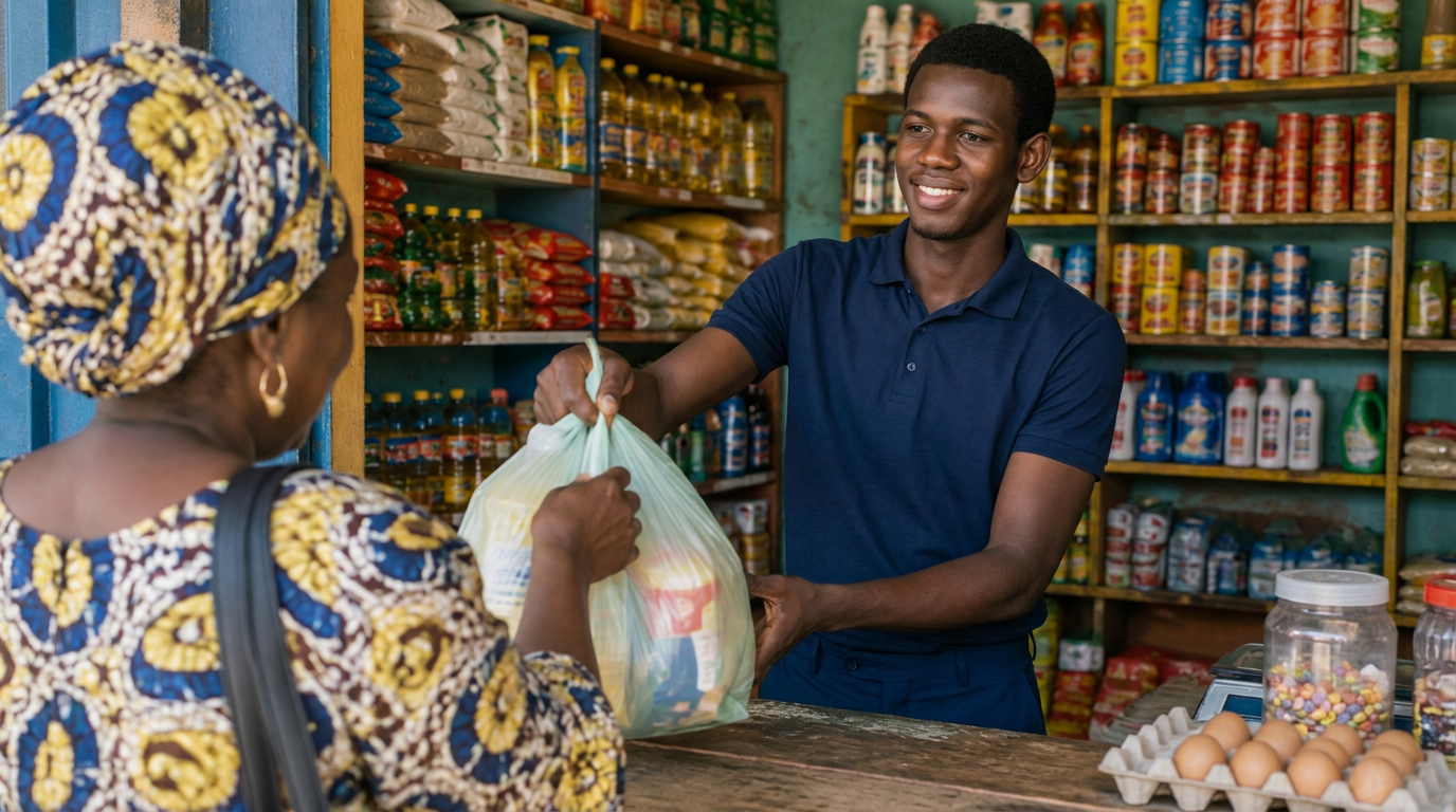 Ibrahima remet un sac à une cliente dans son épicerie