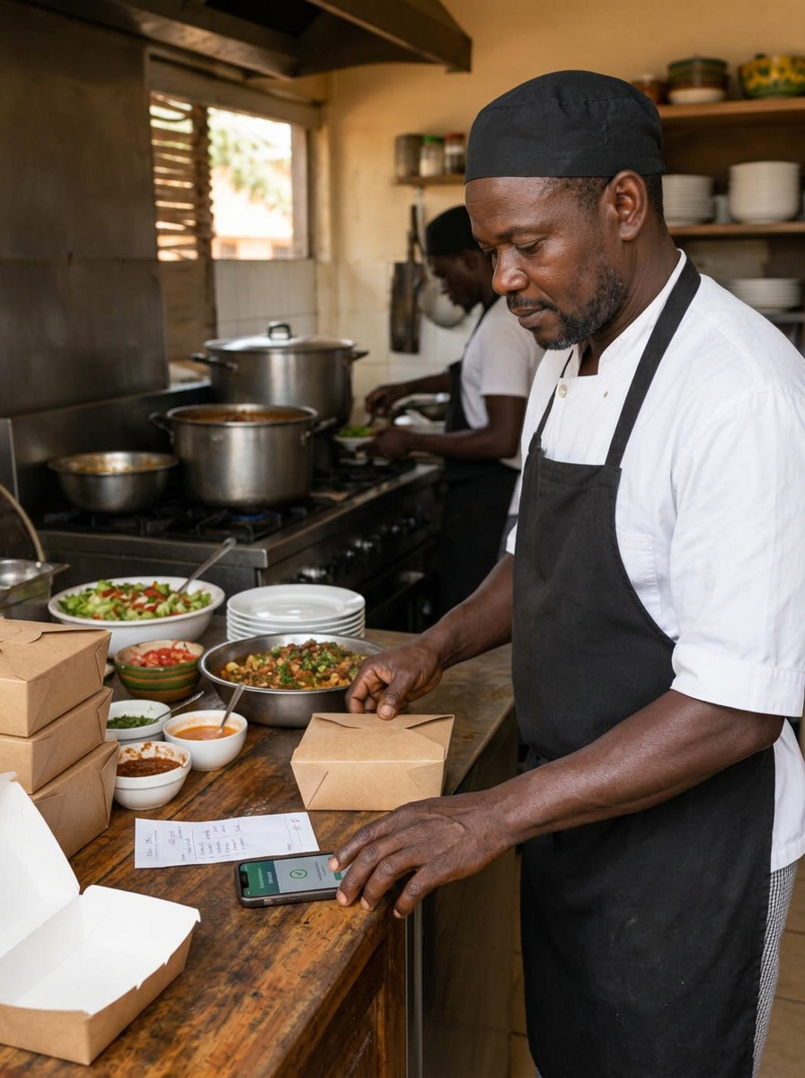 Portrait de Mamadou, restaurateur, dans la cuisine de son restaurant