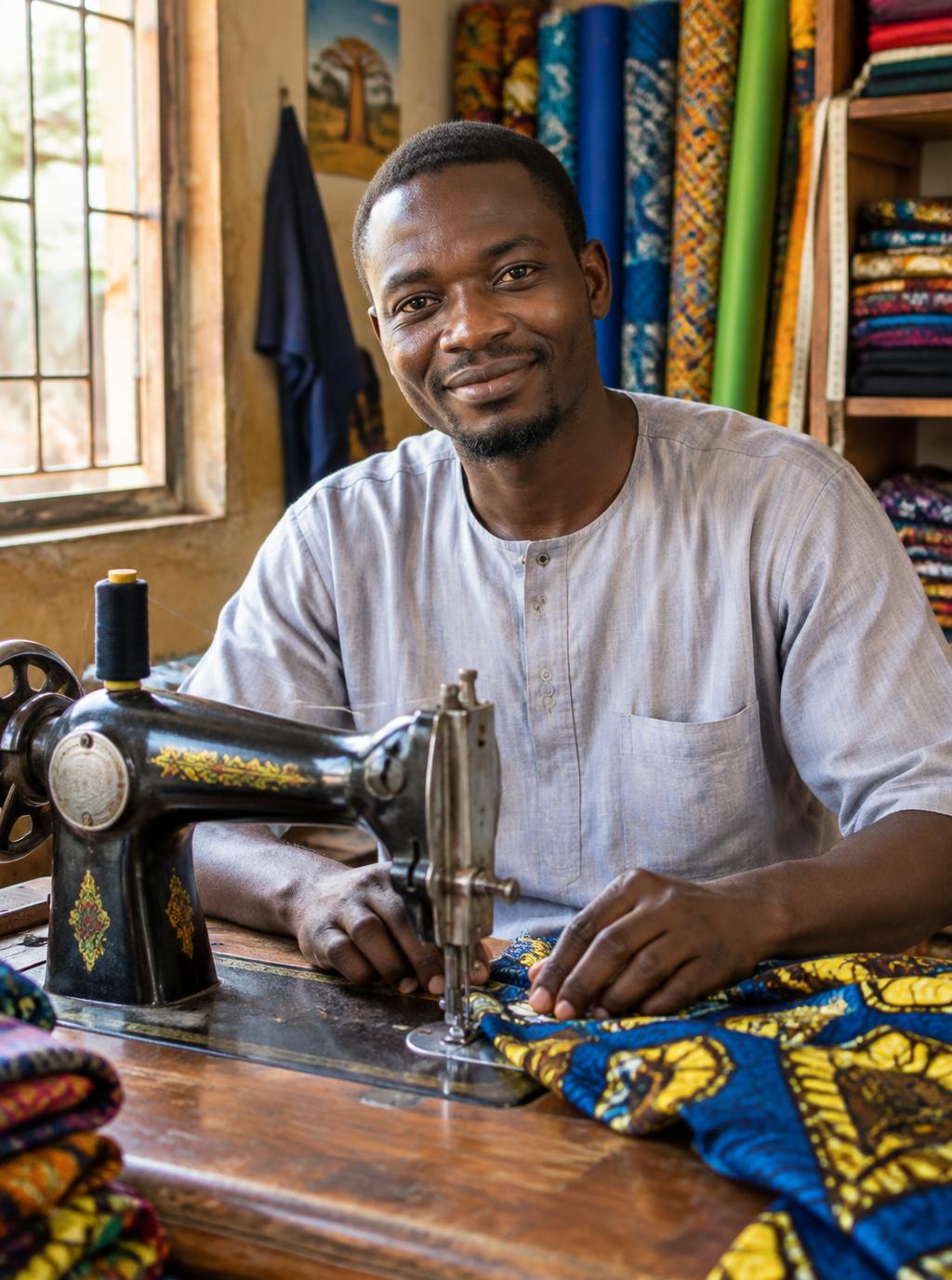 Ousmane dans son atelier de couture