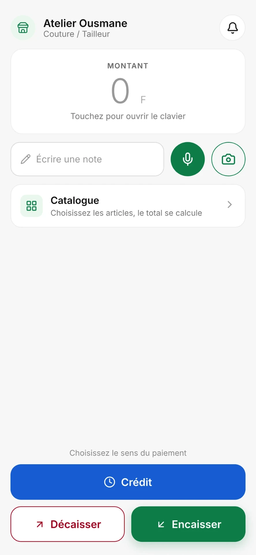 Le bouton micro de l'écran d'accueil PayMe, à côté du champ note