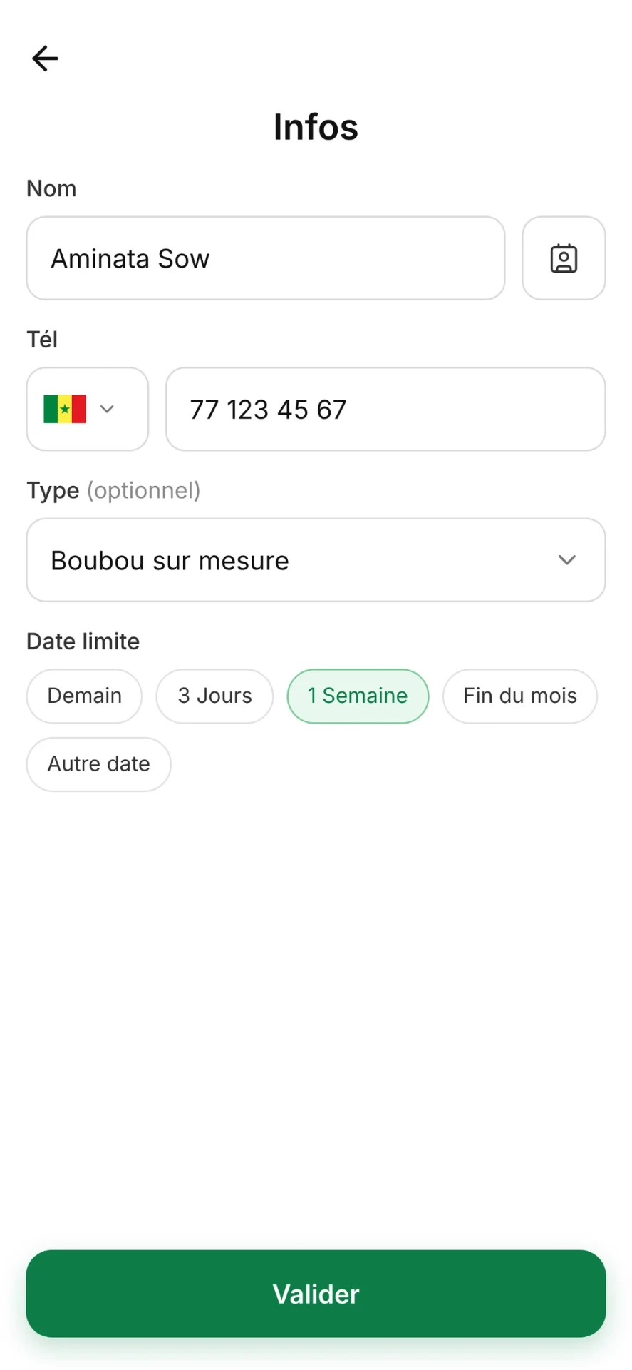PayMe affiche le crédit préparé à partir de la commande vocale : montant, contact et échéance