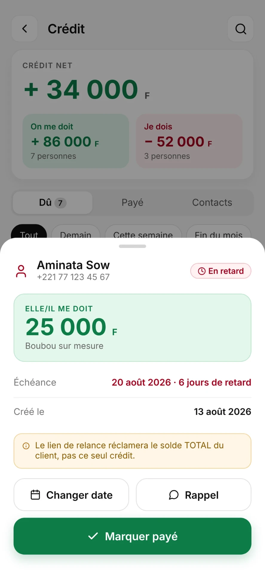 Détail d'un crédit avec les boutons Rappel et Marquer payé