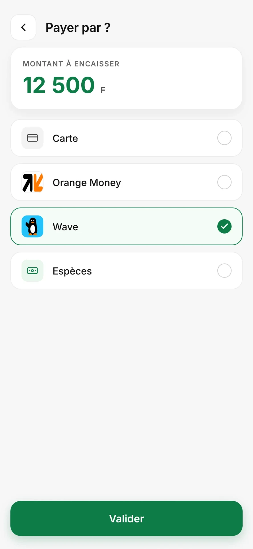 Choix du moyen de paiement : Wave, Orange Money, carte ou espèces
