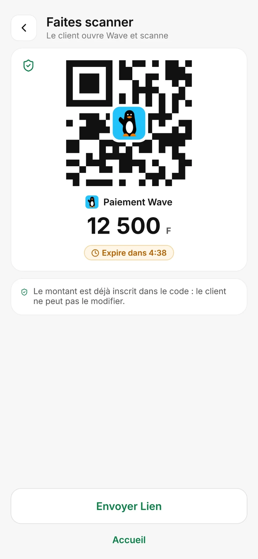 QR code de paiement Wave de 12 500 F à scanner par le client