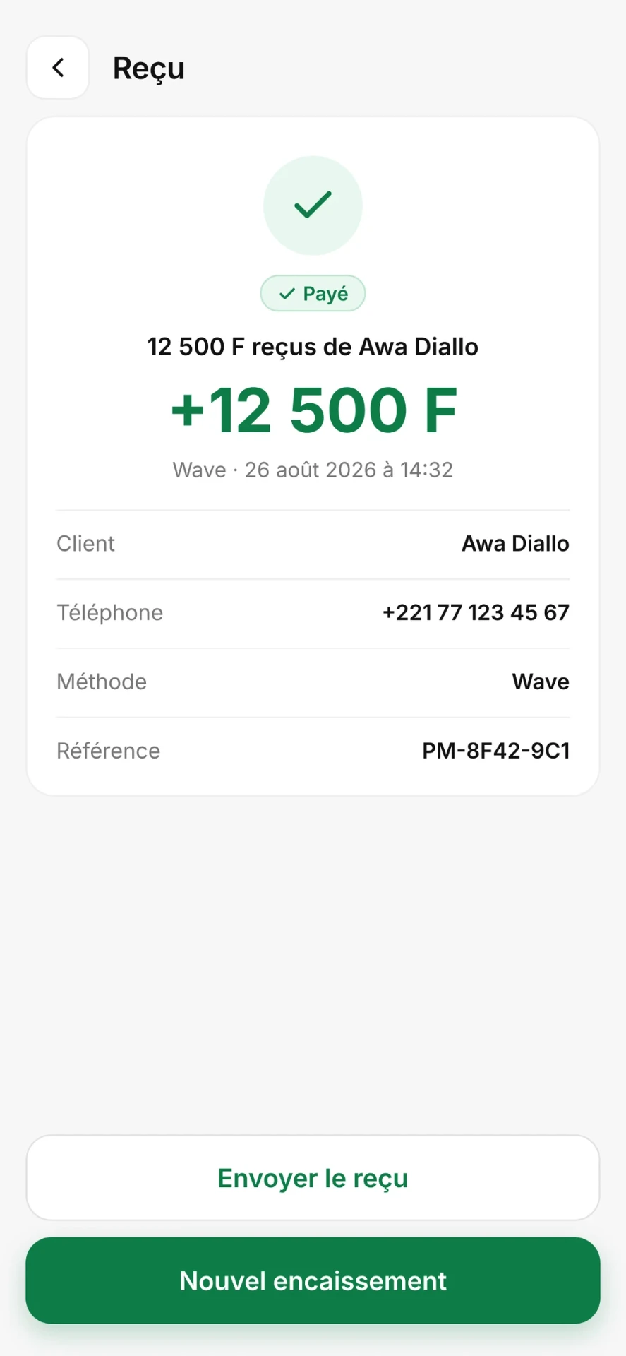 Reçu PayMe : 12 500 F reçus par Wave, paiement encaissé