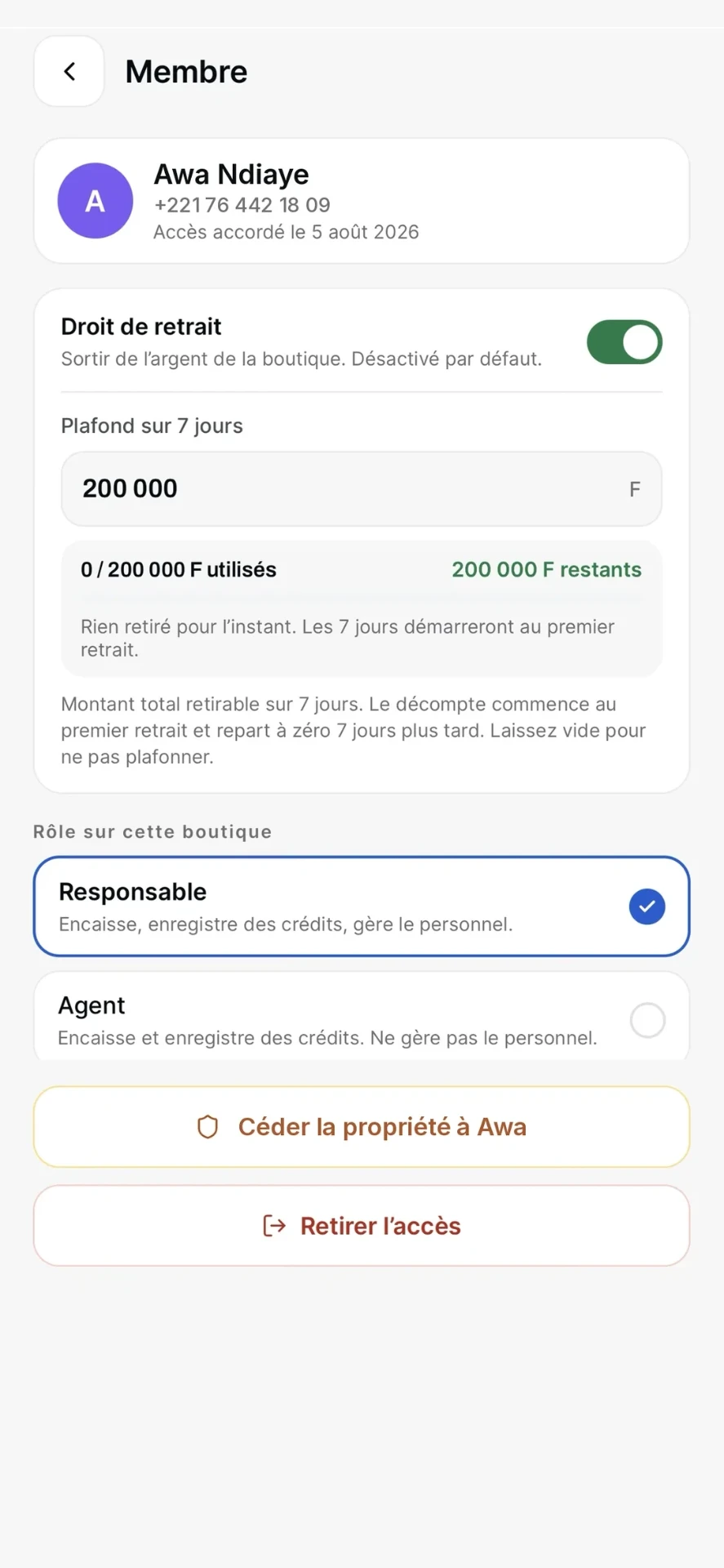 Fiche d'un membre de l'équipe : rôle Responsable, plafond de retrait de 200 000 F sur 7 jours