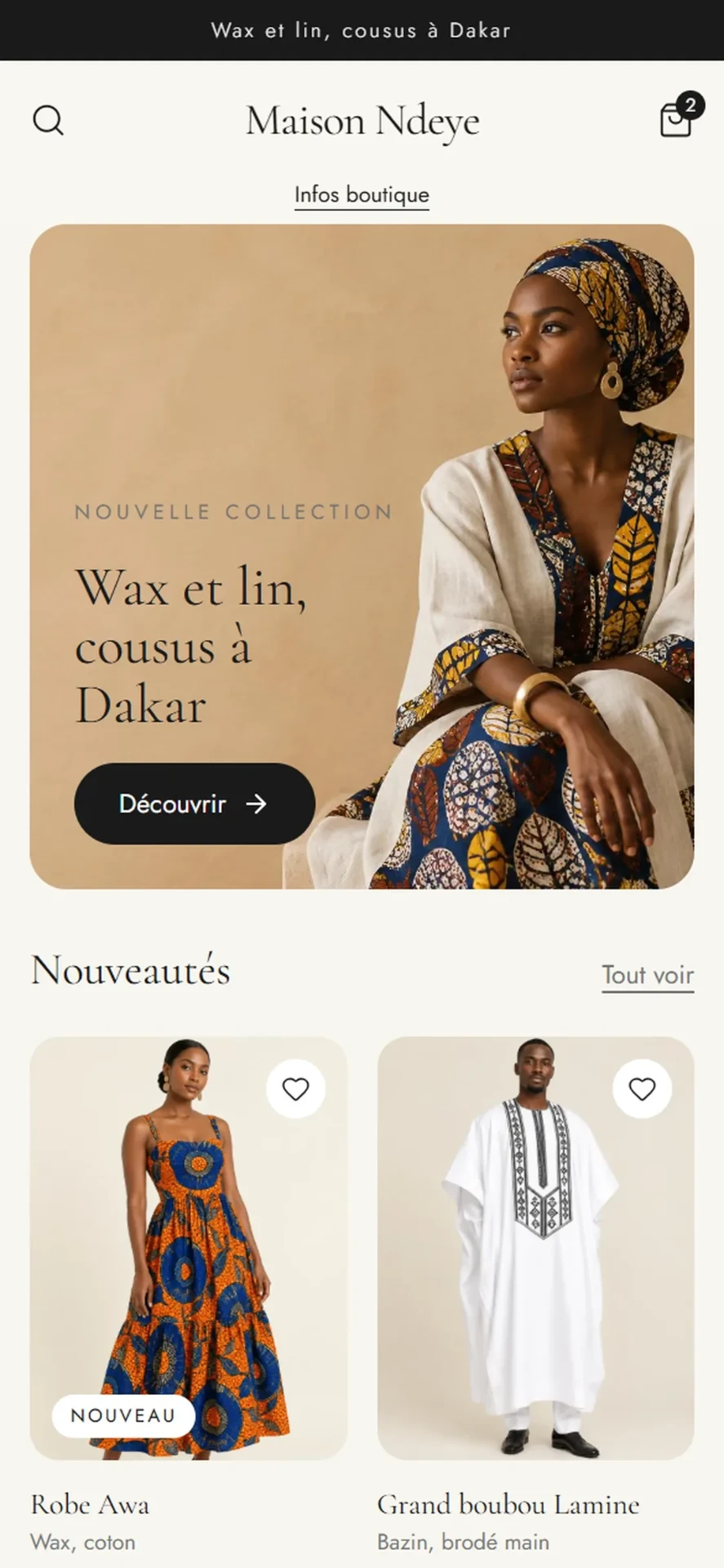 Site de la boutique Maison Ndeye créé par PayMe, vu sur téléphone