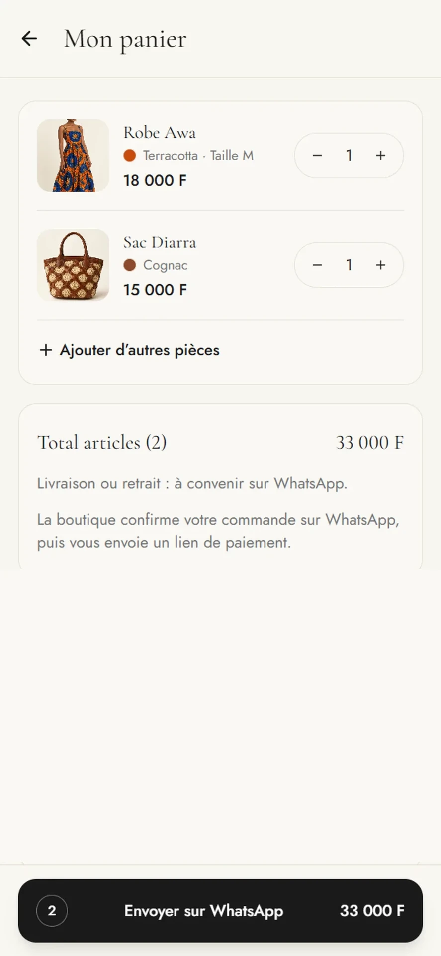 Panier du client, 33 000 F, bouton Envoyer sur WhatsApp