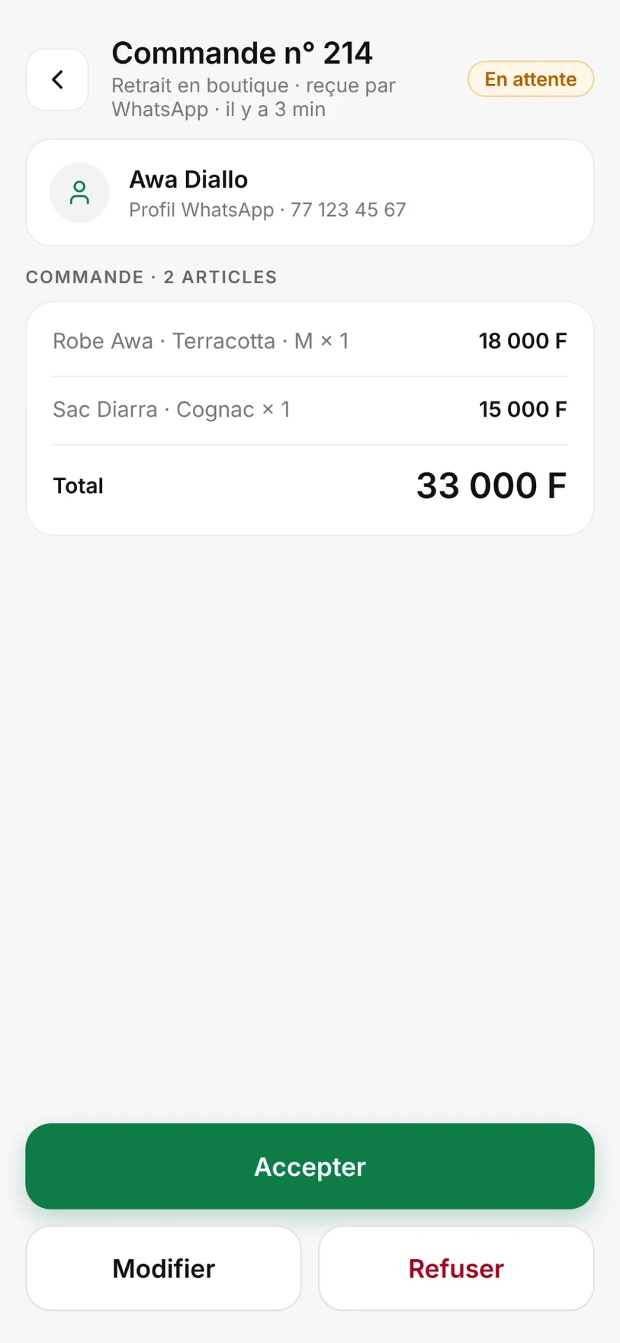Commande n° 214 de 33 000 F reçue dans l'app PayMe, bouton Accepter la commande