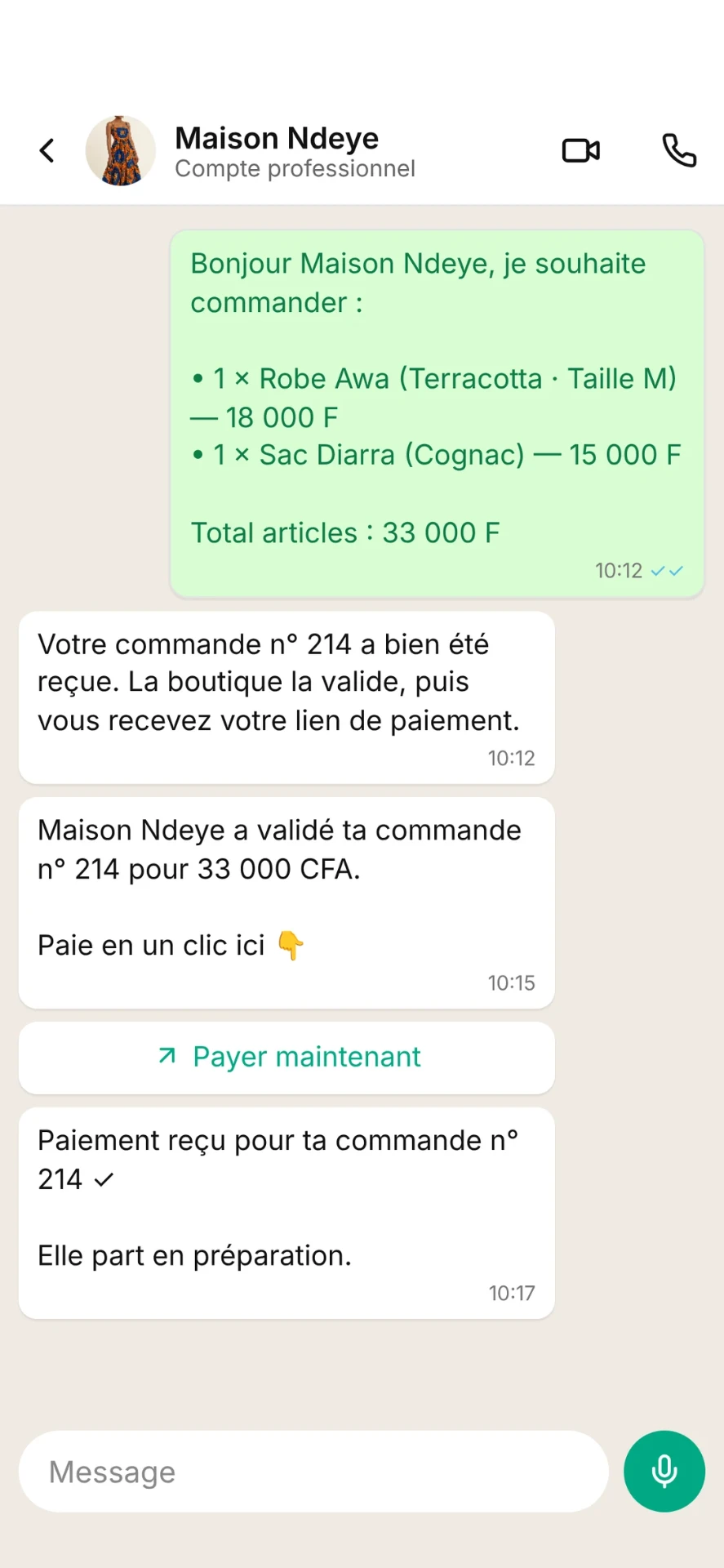 Conversation WhatsApp avec Maison Ndeye du début à la fin