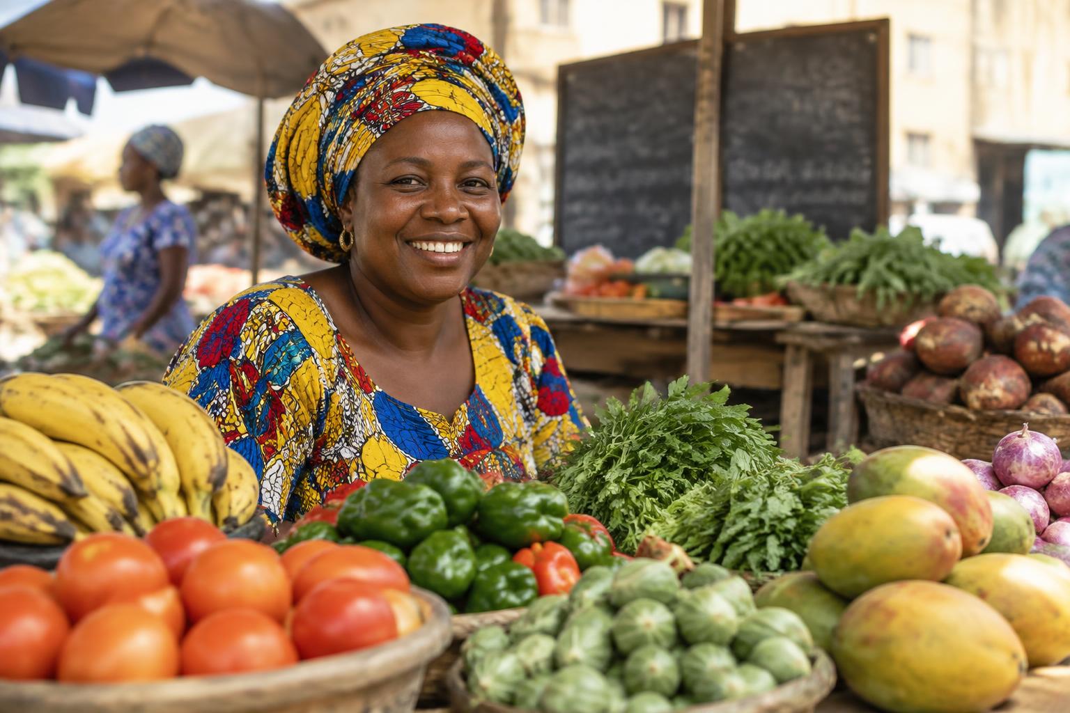 Commerçante à son étal dans un marché de quartier